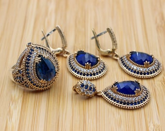 Sapphire Set, Authentic Set, Handmade Set Women, Turkish Handmade, Ladies Jewelry Set, Earring, Pendant, Ladies Set, 925k Sterling Silver