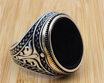 Men's Handmade Ring, Turkish Handmade Silver Men's Ring, Ottoman Men Ring, Onyx Ring, Men's Jewelry, Gift for Him, 925k Sterling Silver Ring