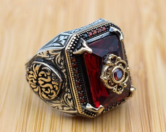 Anillo hecho a mano para hombres, anillo de hombres de plata hecho a mano turco, anillo de hombres otomanos, anillo de rubí, joyería para hombres, regalo para él, anillo de plata de ley de 925 k
