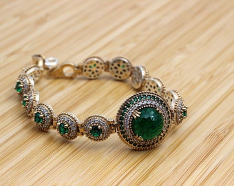 Bangle Bracelet Emerald Bracelet Gift for Him Handmade Bracelet 925k Sterling Silver, Turkish Handmade Bangle Cuff Ottoman Bracelet