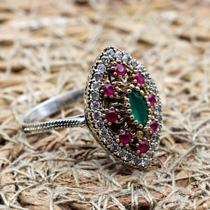 Emerald Ring, Handmade Women's Ring, Turkish Handmade Ring, Authentic Ring, Ottoman Ring, Ladies Ring, 925k Sterling Silver, Gift For Her,