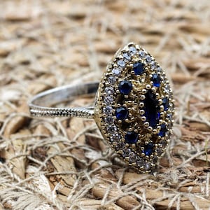 Sapphire Ring, Handmade Women&#39;s Ring, Turkish Handmade Ring, Authentic Ring, Ottoman Ring, Ladies Ring, 925k Sterling Silver, Gift For Her,