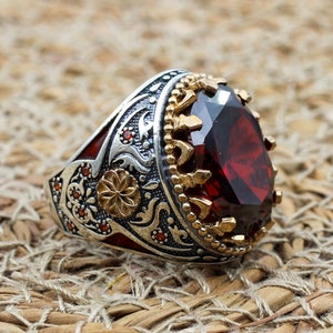 Mens Handmade Ring, Turkish Handmade Silver Men Ring, Ottoman Men Ring, Ruby Ring, Men's Jewelry, Gift for Him, 925k Sterling Silver Ring