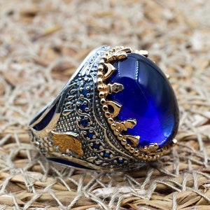 Sapphire Men&#39;s Ring, Ottoman Men&#39;s Ring, Handmade Men&#39;s Ring, Turkish Handmade Men&#39;s Ring, Men&#39;s Jewelry, Gift for Him, 925 Sterling Silver