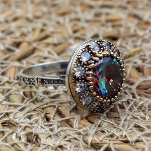 Handmade Women&#39;s Ring, Mystic Topaz Ring, Turkish Handmade Ring, Ladies Ring, Ottoman Women Ring, Ladies Ring, 925k Sterling Silver Ring,
