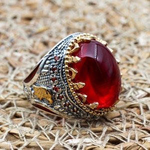 Ruby Mens Ring, Handmade Ring, Turkish Handmade Silver Men Ring, Ottoman Men Ring, Men's Jewelry, Gift for Him, 925k Sterling Silver Ring