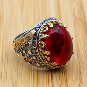 Ruby Men's Ring, Handmade Men's Ring, Turkish Handmade Ring, Silver Ring, Ottoman Mens Ring Mens Jewelry, Gift for Him, 925 Sterling Silver