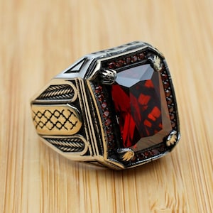 Mens Handmade Ring, Turkish Handmade Silver Men Ring, Ottoman Men Ring, Ruby Ring, Men's Jewelry, Gift for Him, 925k Sterling Silver Ring