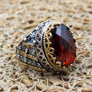 Ruby Mens Ring, Handmade Ring, Turkish Handmade Silver Men Ring, Ottoman Men Ring, Men's Jewelry, Gift for Him, 925k Sterling Silver Ring