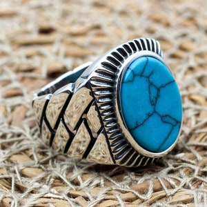 Turquoise Men&#39;s Ring, Handmade Ring, Turkish Handmade Silver Men Ring, Ottoman Ring, Men&#39;s Jewelry, Gift for Him, 925k Sterling Silver Ring