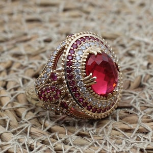 Ruby Ring, Handmade Women&#39;s Ring, Authentic Ring, Turkish Ring, Ottoman Women&#39;s Ring, Ladies Ring, 925k Sterling Silver Ring, Oval Shape,