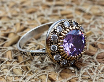 Handmade Amethyst Sterling Silver Ring, Ottoman Design