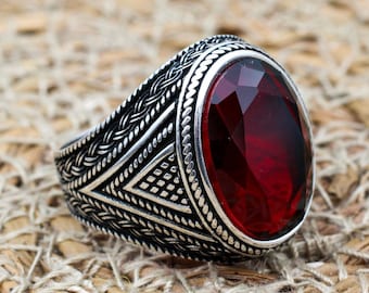 Handmade Ruby Sterling Silver Ring: Ottoman Style Mens Jewelry