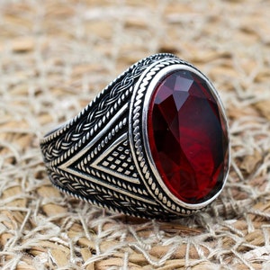 Mens Handmade Ring, Turkish Handmade Silver Men Ring, Ottoman Men Ring, Ruby Ring, Men&#39;s Jewelry, Gift for Him, 925k Sterling Silver Ring