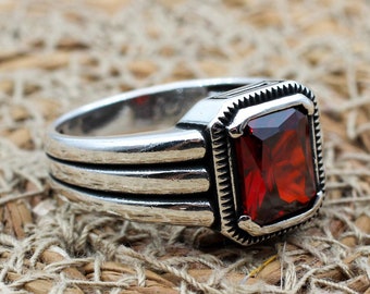 Mens Handmade Ring, Turkish Handmade Silver Men Ring, Ottoman Men Ring, Ruby Ring, Men's Jewelry, Gift for Him, 925k Sterling Silver Ring