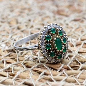 Emerald Ring, Handmade Women&#39;s Ring, Turkish Handmade Ring, Authentic Ring, Ottoman Ring, Ladies Ring, 925k Sterling Silver, Gift For Her,