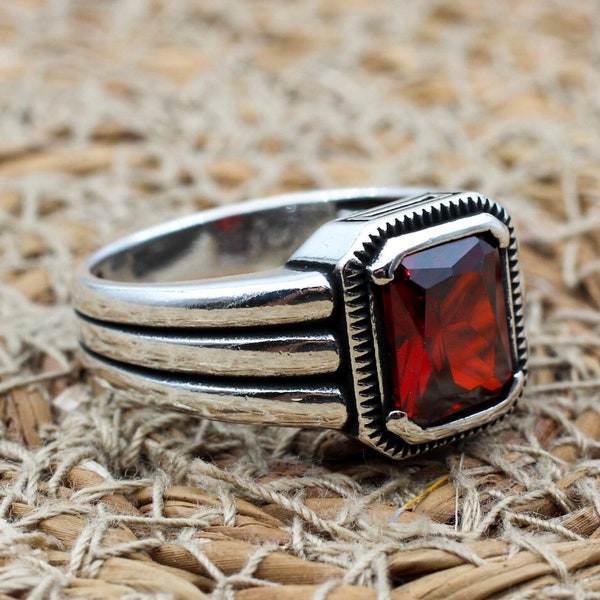 Anillo hecho a mano para hombres, anillo de hombres de plata hecho a mano turco, anillo de hombres otomanos, anillo de rubí, joyería para hombres, regalo para él, anillo de plata de ley de 925 k