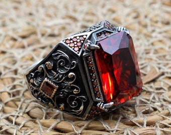 Handmade Ruby Sterling Silver Men&#39;s Ring: Ottoman Turkish Design