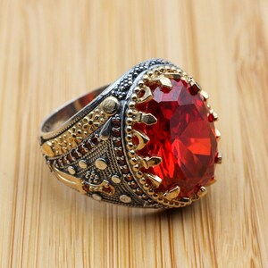 Ruby Men's Ring, Handmade Men's Ring, Turkish Handmade Silver Mens Ring, Ottoman Mens Ring, Men's Jewelry, Gift for Him, 925 Sterling Silver