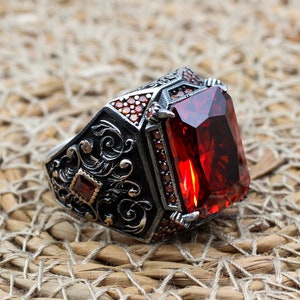 Handmade Ruby Sterling Silver Men's Ring: Ottoman Turkish Design