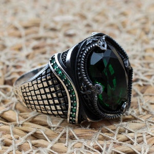 Emerald Men&#39;s Ring, Ottoman Men&#39;s Ring, Handmade Men&#39;s Ring, Turkish Handmade Men&#39;s Ring, Men&#39;s Jewelry, Gift for Him, 925 Sterling Silver