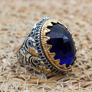 Turkish Handmade 925k Sterling Silver Men&#39;s Ring: Sapphire Ottoman Ring