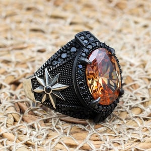 Men&#39;s Handmade Ring, Topaz Men&#39;s Ring, Men&#39;s Ring, Turkish Handmade Silver Men&#39;s Ring, Ottoman Mens Ring, Gift for Him, 925k Sterling Silver