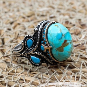 Turquoise Men&#39;s Ring, Handmade Ring, Turkish Handmade Silver Men Ring, Ottoman Ring, Men&#39;s Jewelry, Gift for Him, 925 Sterling Silver Ring