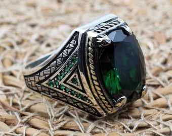 Emerald Men&#39;s Ring, Ottoman Men&#39;s Ring, Handmade Men&#39;s Ring, Turkish Handmade Men&#39;s Ring, Men&#39;s Jewelry, Gift for Him, 925 Sterling Silver