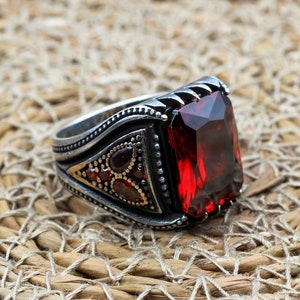 Mens Handmade Ring, Turkish Handmade Silver Men Ring, Ottoman Men Ring, Ruby Ring, Men's Jewelry, Gift for Him, 925k Sterling Silver Ring