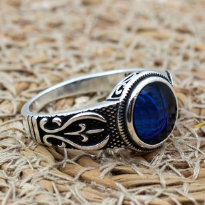 Sapphire Men&#39;s Ring: Handmade Ottoman 925 Sterling Silver Jewelry