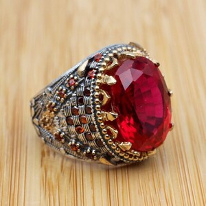 Men&#39;s Handmade Ring, Turkish Handmade Silver Mens Ring, Ottoman Mens Ring, Ruby Ring, Men&#39;s Jewelry, Gift for Him, 925k Sterling Silver Ring