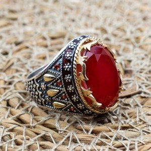 Mens Handmade Ring, Turkish Handmade Silver Men Ring, Ottoman Men Ring, Ruby Ring, Men's Jewelry, Gift for Him, 925k Sterling Silver Ring