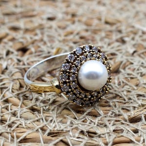 Handmade Women Ring, Pearl Ring, Turkish Handmade Ring, Authentic Ring, Ottoman Women Ring, Zircon Ring, Ladies Ring, 925k Sterling Silver,