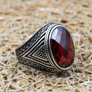 Mens Handmade Ring, Turkish Handmade Silver Men Ring, Ottoman Men Ring, Ruby Ring, Men's Jewelry, Gift for Him, 925k Sterling Silver Ring