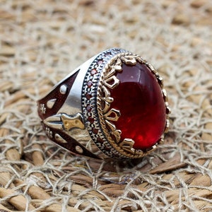 Mens Handmade Ring, Turkish Handmade Silver Men Ring, Ottoman Men Ring, Ruby Ring, Men's Jewelry, Gift for Him, 925k Sterling Silver Ring