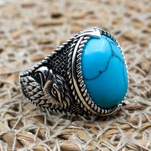 Turquoise Men&#39;s Ring, Handmade Ring, Turkish Handmade Ring, Eagle Ring, Ottoman Ring, Men&#39;s Jewelry, Gift for Him, 925k Sterling Silver Ring
