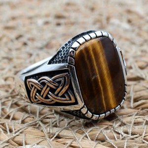 Tiger Eye Men&#39;s Ring, Ottoman Men&#39;s Ring, Handmade Men&#39;s Ring, Turkish Handmade Men&#39;s Ring, Men&#39;s Jewelry, Gift for Him, 925 Sterling Silver
