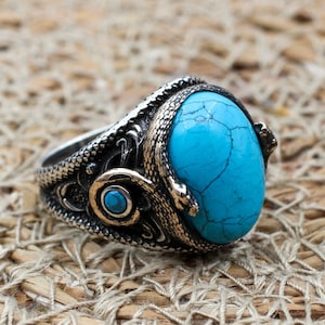 Turquoise Men&#39;s Ring, Handmade Ring, Turkish Handmade Silver Men Ring, Ottoman Ring, Men&#39;s Jewelry, Gift for Him, 925 Sterling Silver Ring