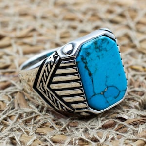 Turquoise Men&#39;s Ring, Handmade Ring, Turkish Handmade Silver Men Ring, Ottoman Ring, Men&#39;s Jewelry, Gift for Him, 925k Sterling Silver Ring