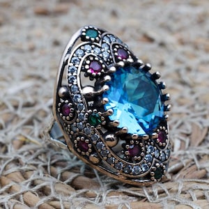 Aquamarine Ring, Handmade Women Ring, Turkish Handmade Silver Ladies Ring, Ottoman Ring, Ladies Ring, 925k Sterling Silver, Cubic Zirconia