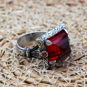 Mens Handmade Ring, Turkish Handmade Silver Men Ring, Ottoman Men Ring, Ruby Ring, Men's Jewelry, Gift for Him, 925k Sterling Silver Ring