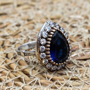 Sapphire Ladies Ring, Handmade Women&#39;s Ring, Authentic Ring, Turkish Handmade Ring, Ottoman Women Ring, Ladies Ring, 925k Sterling Silver