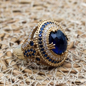 Sapphire Ladies Ring, Handmade Women&#39;s Ring, Authentic Ring, Turkish Handmade Ring, Ottoman Women Ring, Ladies Ring, 925k Sterling Silver