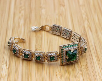 Bangle Bracelet Emerald Bracelet Gift for Him Handmade Bracelet 925k Sterling Silver, Turkish Handmade Bangle Cuff Ottoman Bracelet