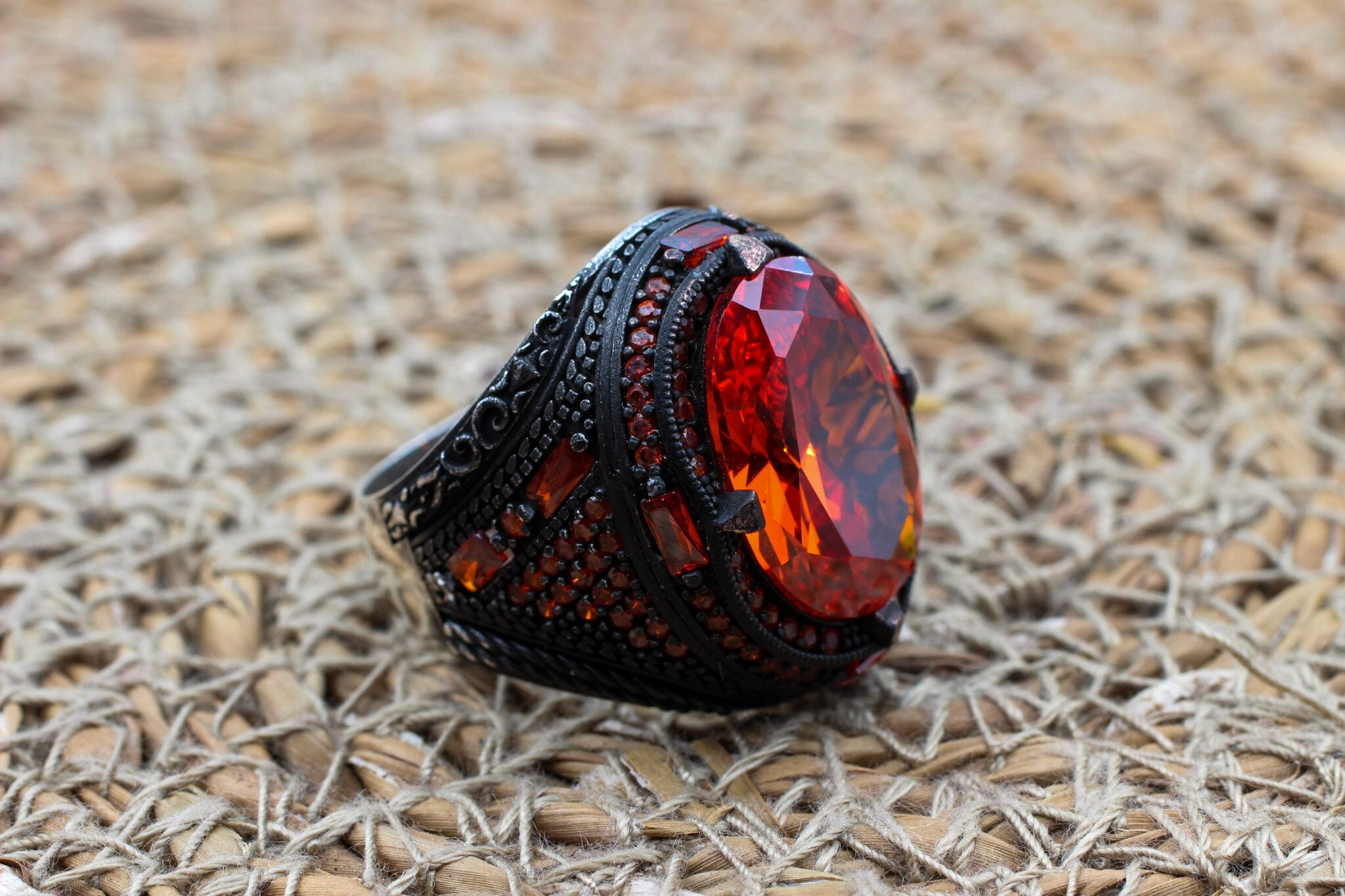Handmade Ruby 925k Sterling Silver Men's Ring: Ottoman Style