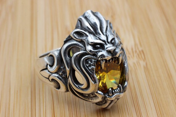 Handmade Sterling Silver Lion Ring: Citrine Animal Wrap Ring