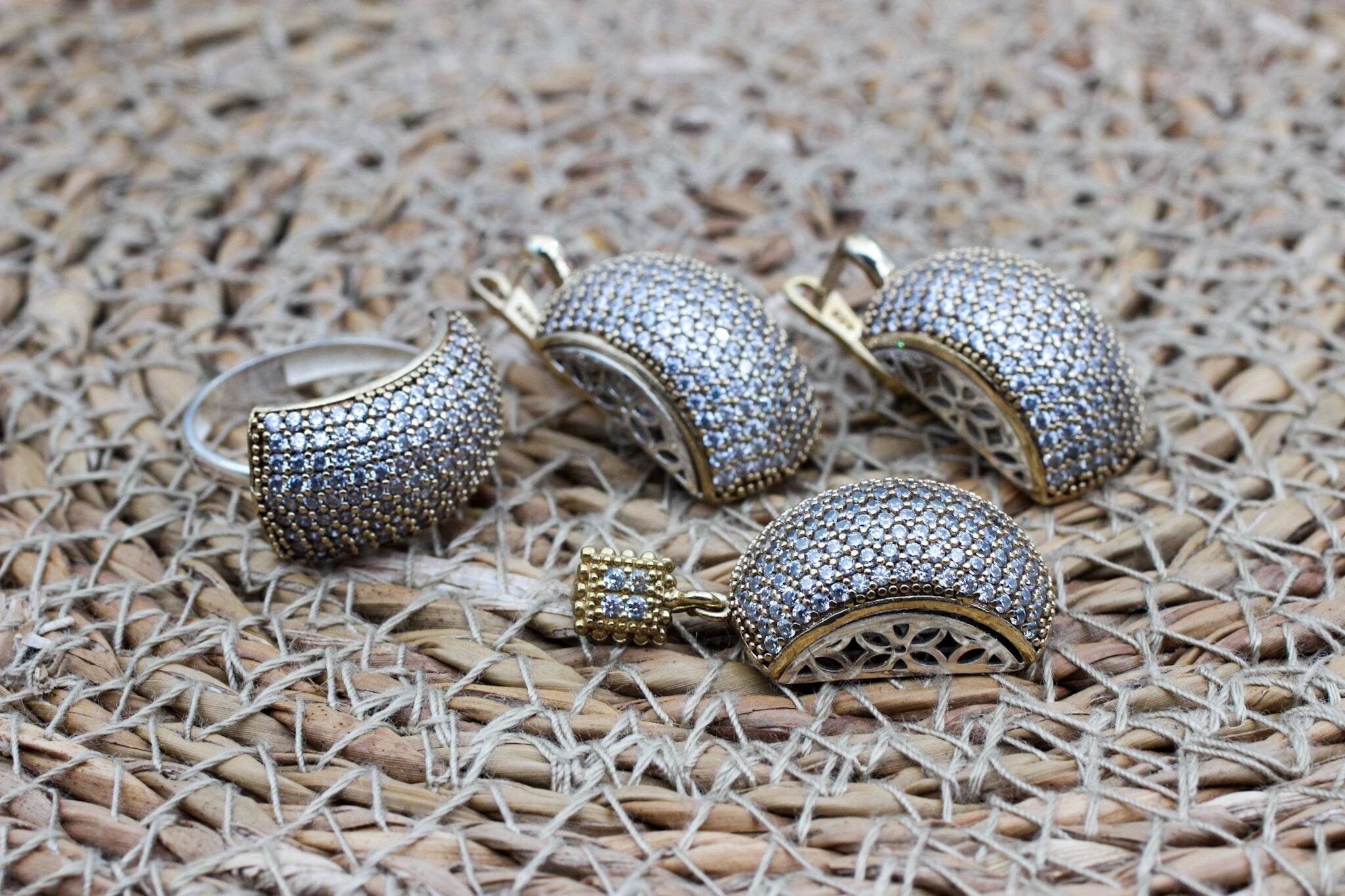 Zircon Ladies Set, Authentic Set, Handmade Women Set, Turkish Handmade Set, Ladies Jewelry Set, Ring, Earring, Pendant, 925k Sterling Silver