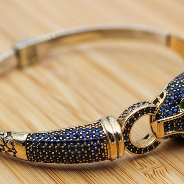 Sapphire Tiger Bracelet: Handmade Sterling Silver Ottoman Cuff