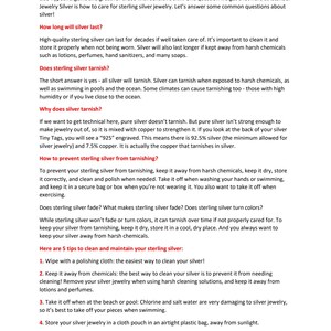 May include: Text on a white background provides tips on caring for sterling silver jewelry. The text covers topics like how long silver lasts, why it tarnishes, and how to prevent it. It also includes 5 tips for cleaning and maintaining silver.